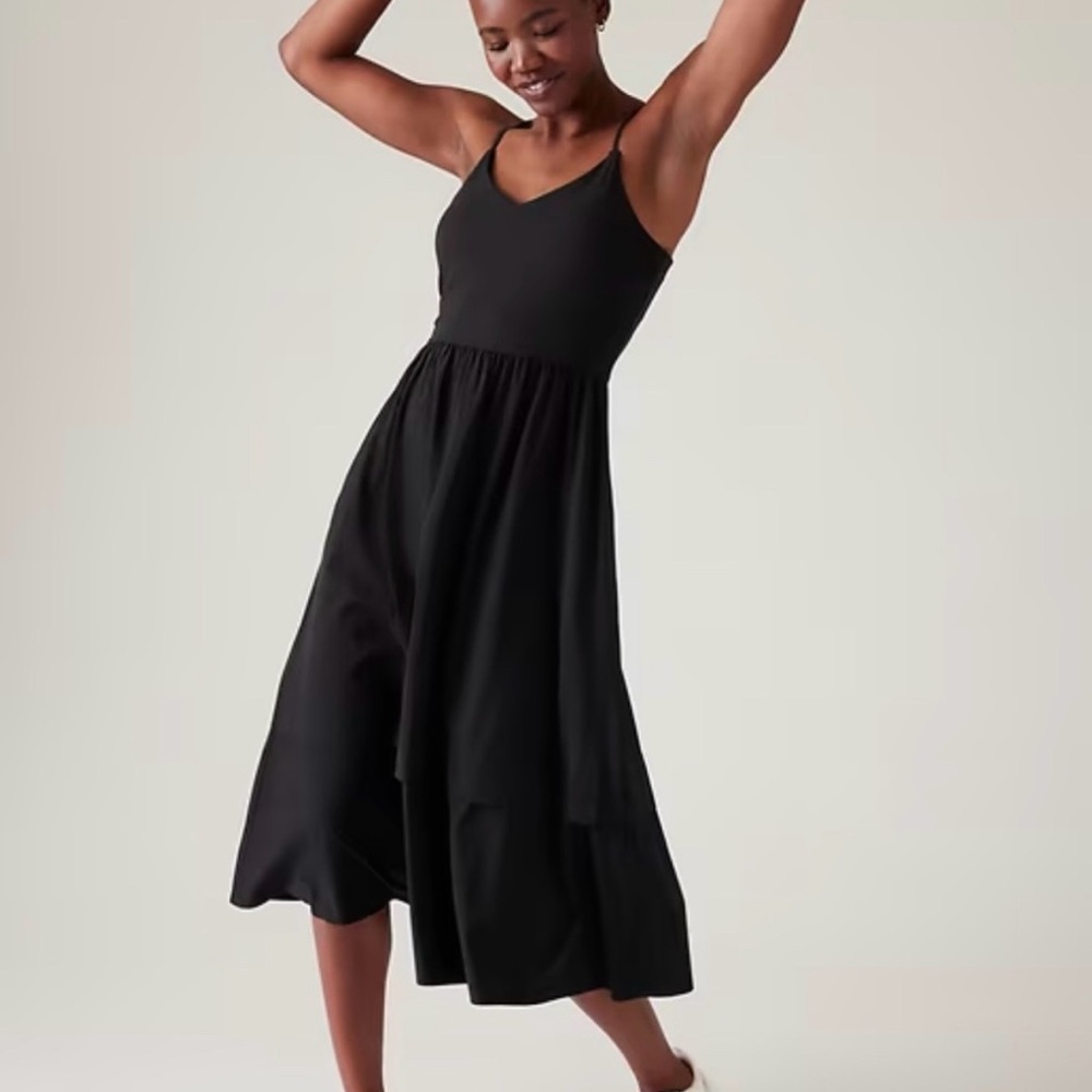 Athleta Black Tiered Midi Dress with Spaghetti Straps